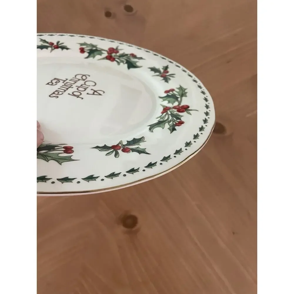 A Cup of Christmas Tea Bone China Plate Waldman House Tom Hegg Holly Berry